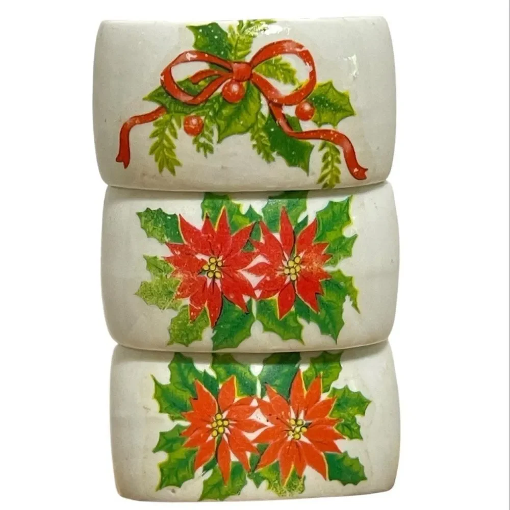 Porcelain Poinsettia & Holly Christmas Napkin Rings Festive Holiday Design 3 Set